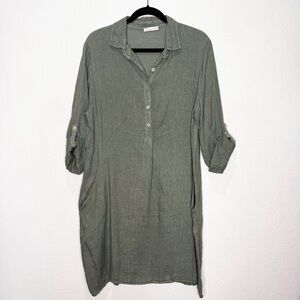 Italian 100% Linen Roll Tab Olive Shirt Dress